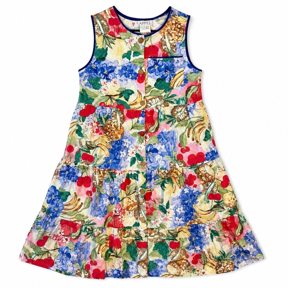 Appel Vtg Tropical Fruit Floral Tiered Cotton Midi Dress Womens M Dopamine